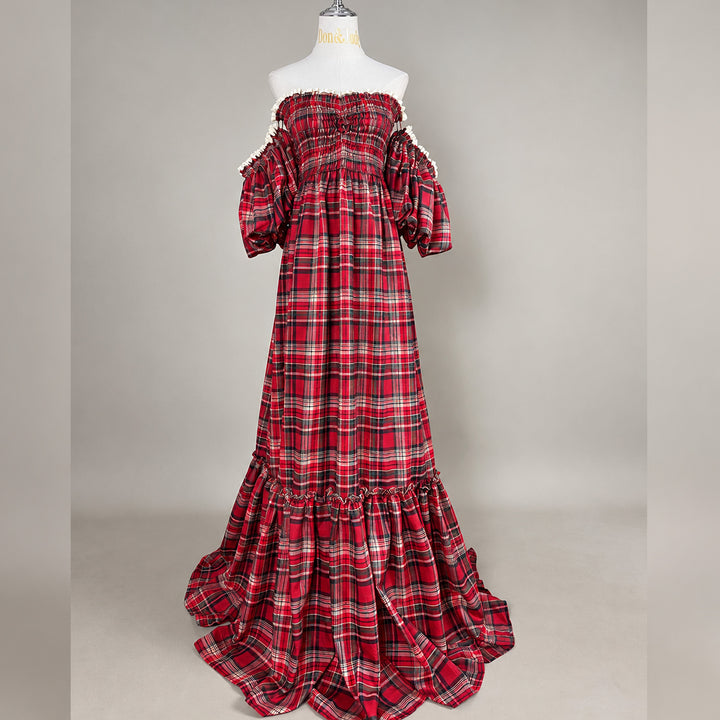 Catubri Gown | Plaid Stretch Off-Shoulder Puff Sleeve Maternity Photography Dress