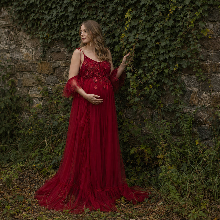Oreades Gown | Floral Embroidered Tiered Ruffle Maternity Photography Dress