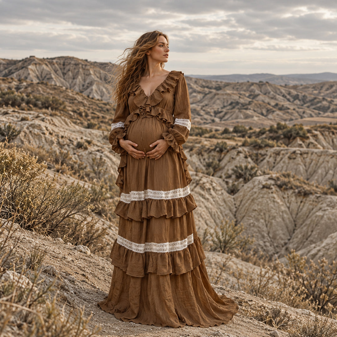 Cassandra Gown | Vintage Ruffle Trim Side Slit Maternity Photography Dress