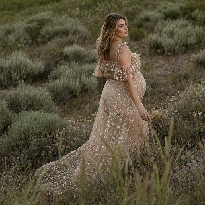 Ersa Gown | Floral Embroidered Off-Shoulder Tulle Maternity Photography Dress