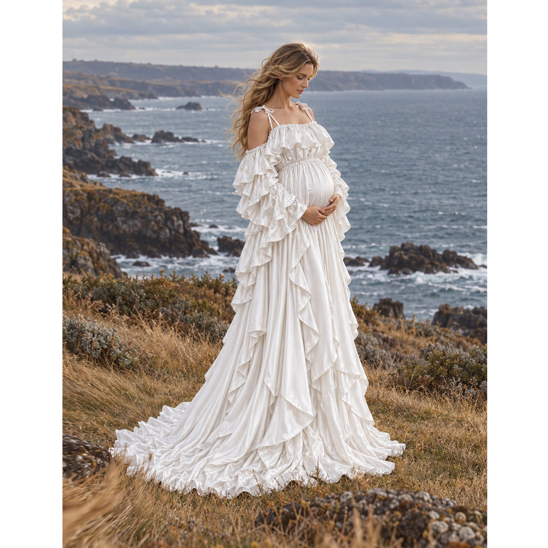 Amber Gown | Silky Tiered Ruffle Off-Shoulder Maternity Photography Dress