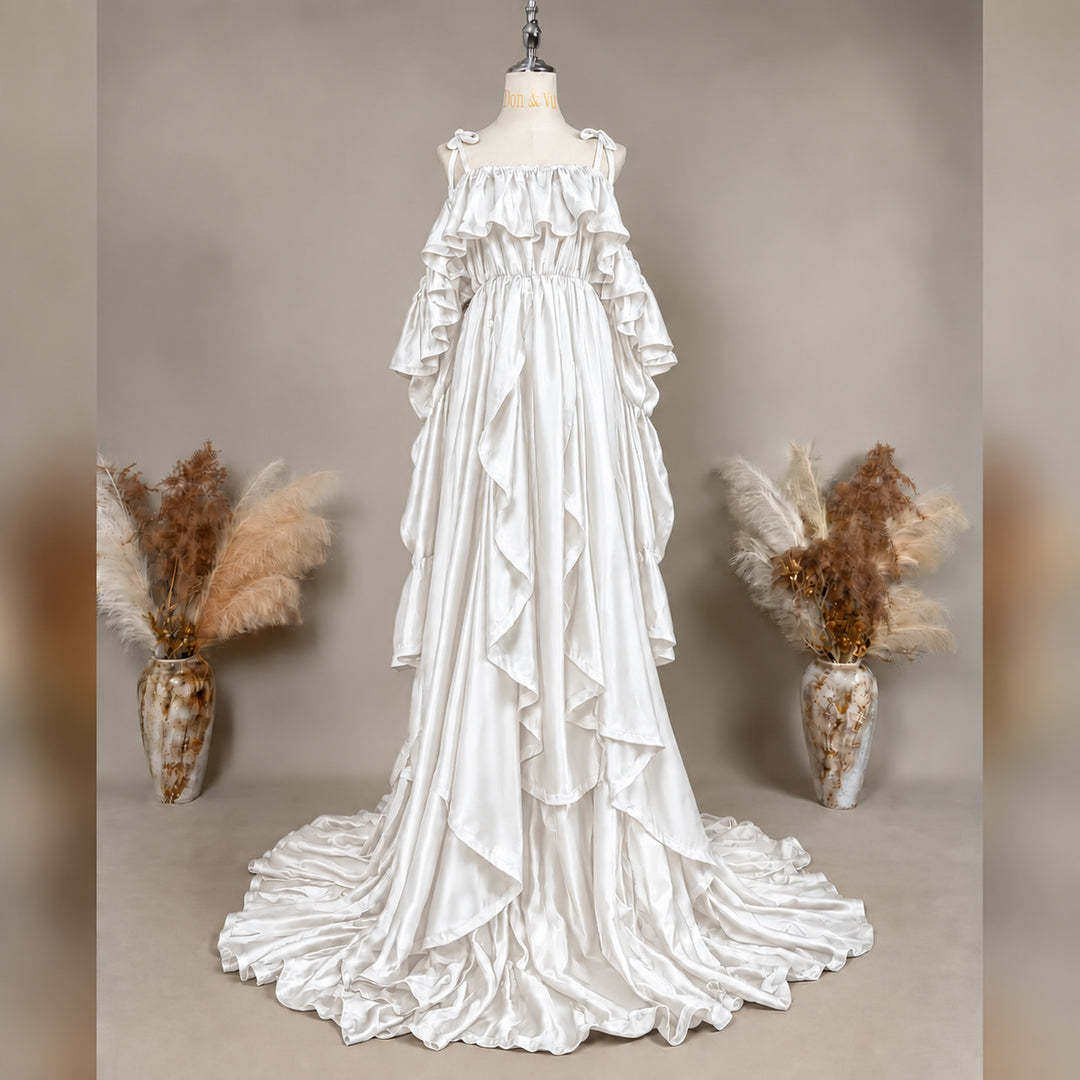 Amber Gown | Silky Tiered Ruffle Off-Shoulder Maternity Photography Dress