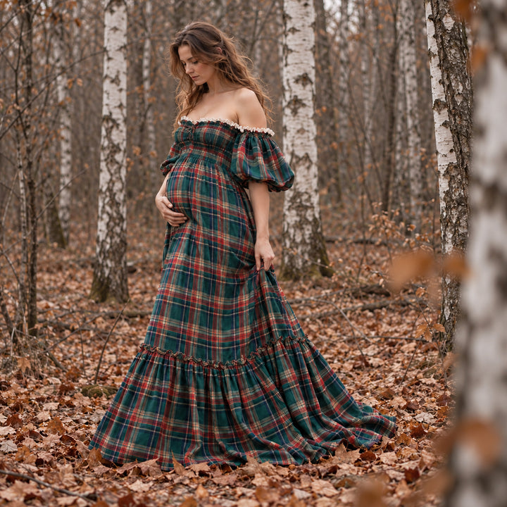 Catubri Gown | Plaid Stretch Off-Shoulder Puff Sleeve Maternity Photography Dress