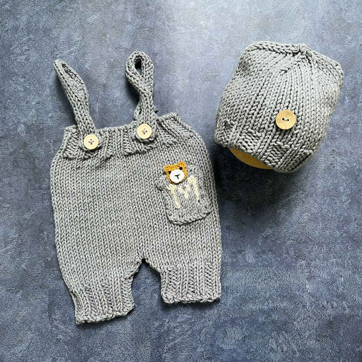 Bear Pocket Suspender Pants & Beanie Hat Set