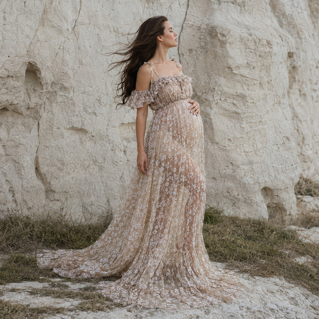 Ersa Gown | Floral Embroidered Off-Shoulder Tulle Maternity Photography Dress