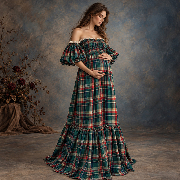 Catubri Gown | Plaid Stretch Off-Shoulder Puff Sleeve Maternity Photography Dress