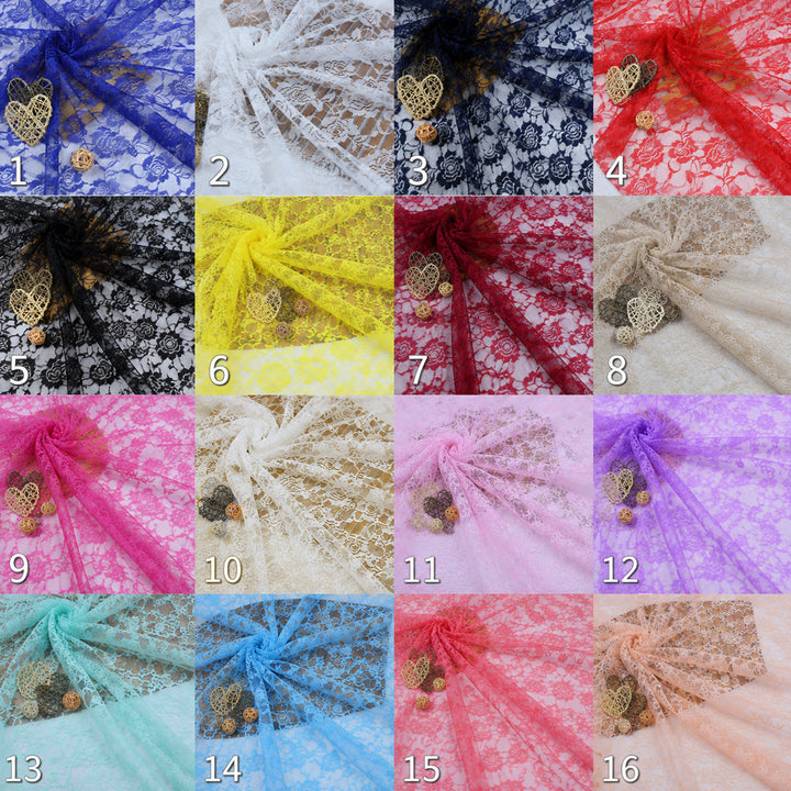 A grid of 16 colored lace fabric swatches with decorative hearts on each. This is a Selene color options reference image, not a single product photo.