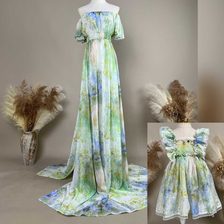 It shows two mannequins wearing an Aglaea tie dye chiffon floral long and short dresses set.