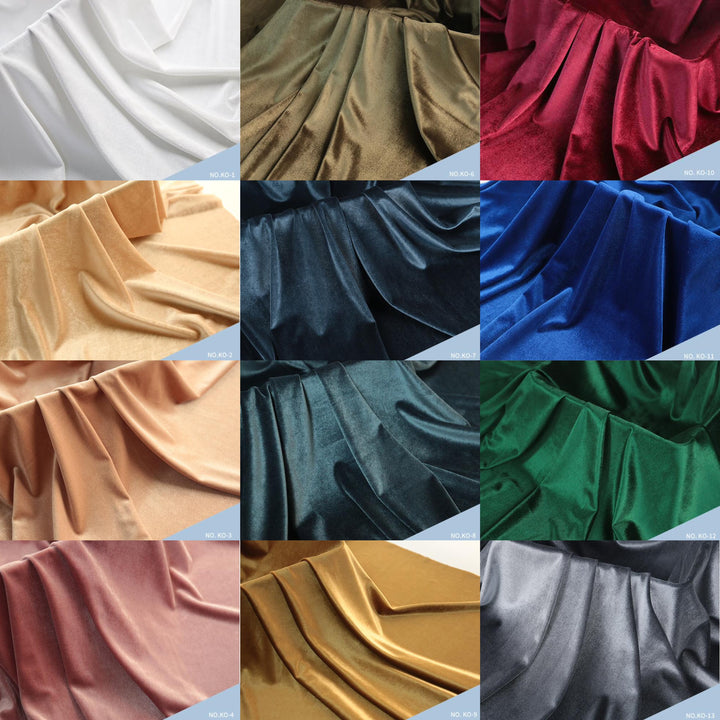 12 fabric samples in different colors are arranged in a grid. The drape and texture details of each fabric are shown. This is a Belisama dress color-options reference image rather than a single product photo, so subject type is Color Swatch.
