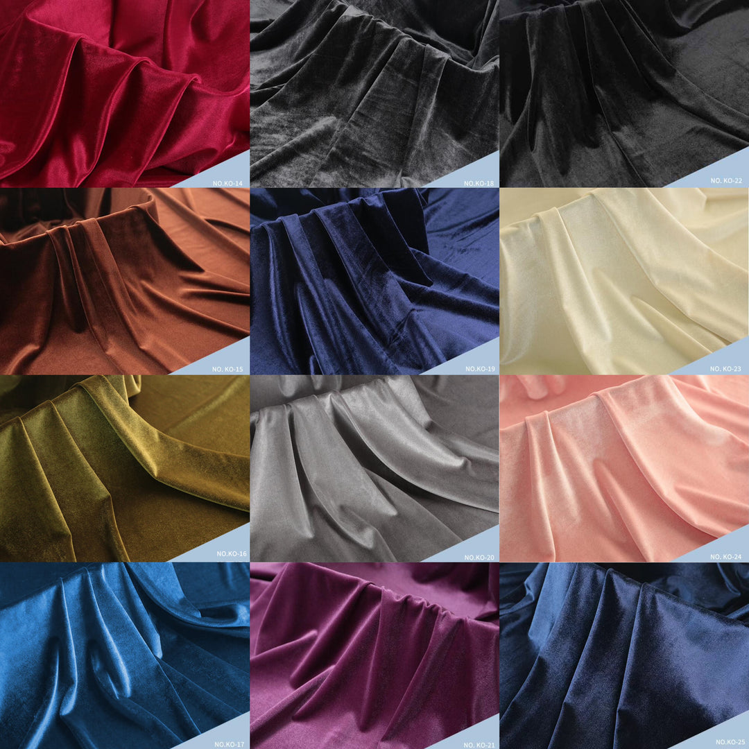 12 fabric samples in different colors are arranged in a grid. The drape and texture details of each fabric are shown. This is a Belisama dress color-options reference image rather than a single product photo, so subject type is Color Swatch.