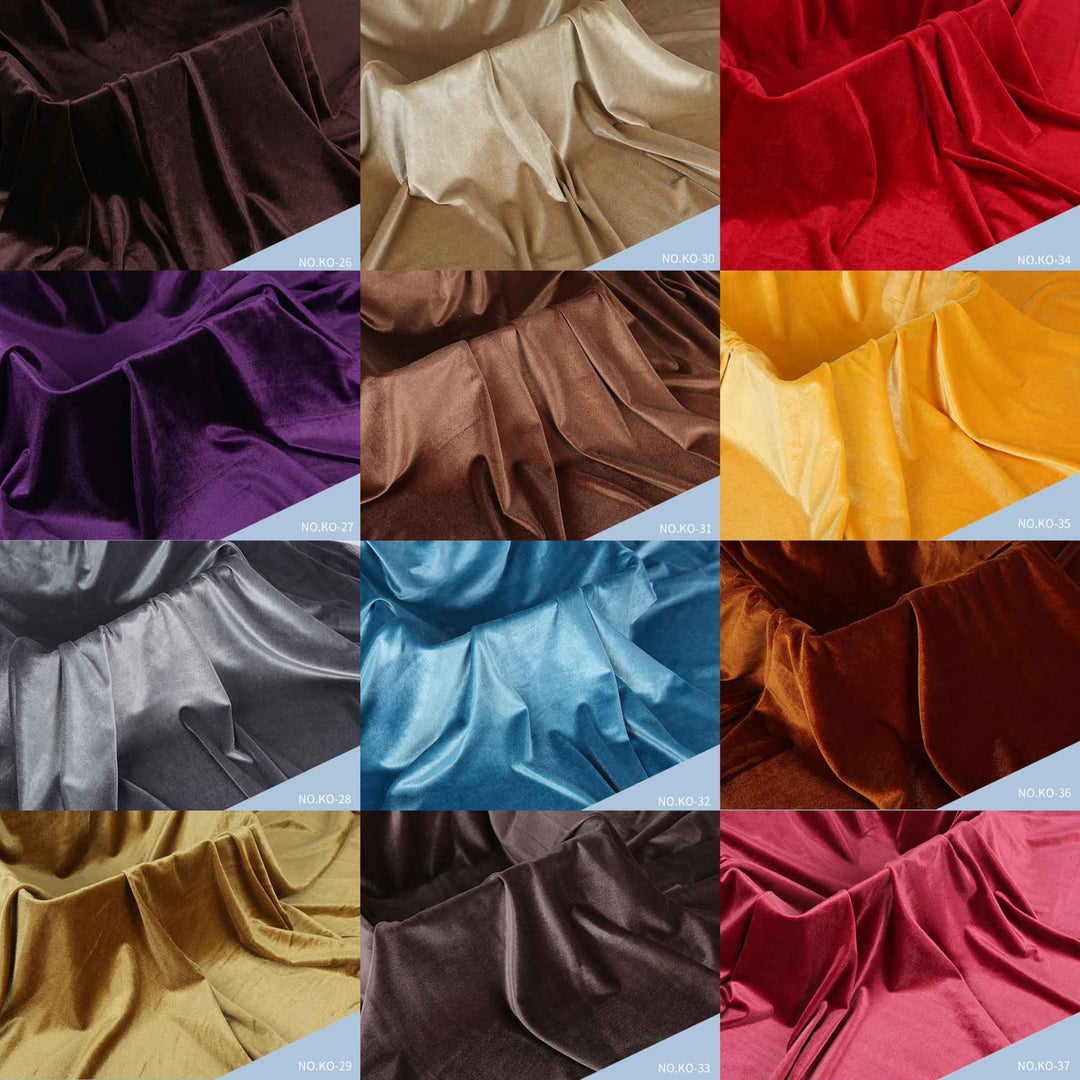 12 fabric samples in different colors are arranged in a grid. The drape and texture details of each fabric are shown. This is a Belisama dress color-options reference image rather than a single product photo, so subject type is Color Swatch.