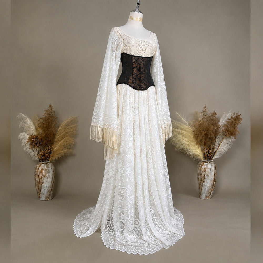 Beroe dress beige lace with a brown corset is displayed on a mannequin.  