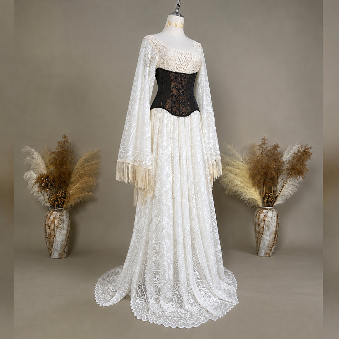 Beroe dress beige lace with a brown corset is displayed on a mannequin.  