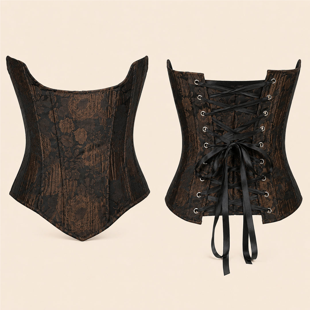 Front and back view of the Beroe black and brown floral lace-up corset