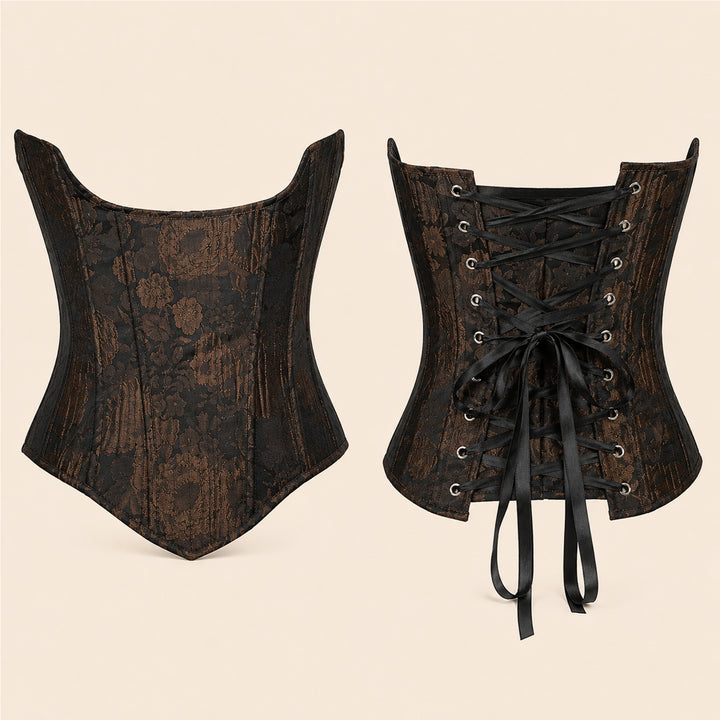 Front and back view of the Beroe black and brown floral lace-up corset