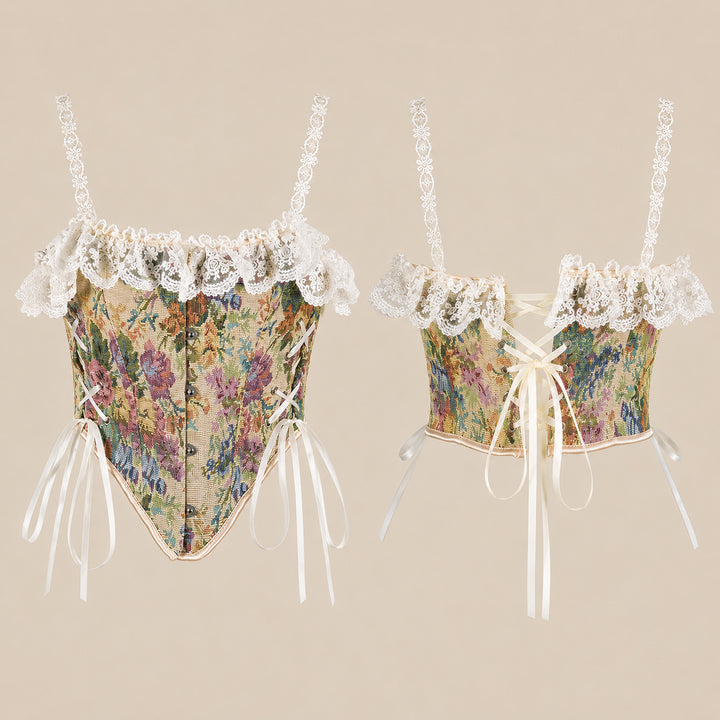 A floral corset front and back are shown on a light background. It has lace straps, a ruffled neckline, and white ribbon lacing.