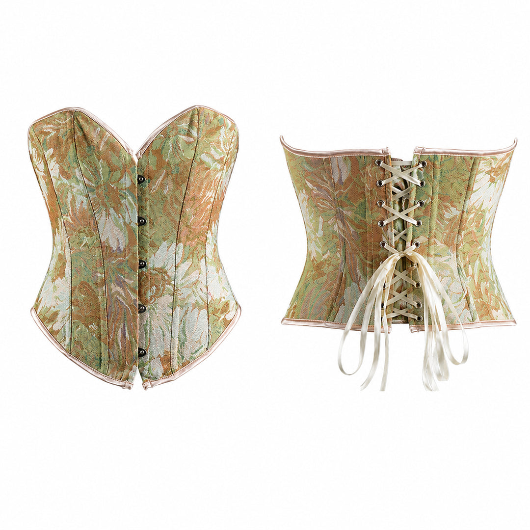 A green floral patterned corset shows its front and back views respectively. The garment features a front closure and back lacing.