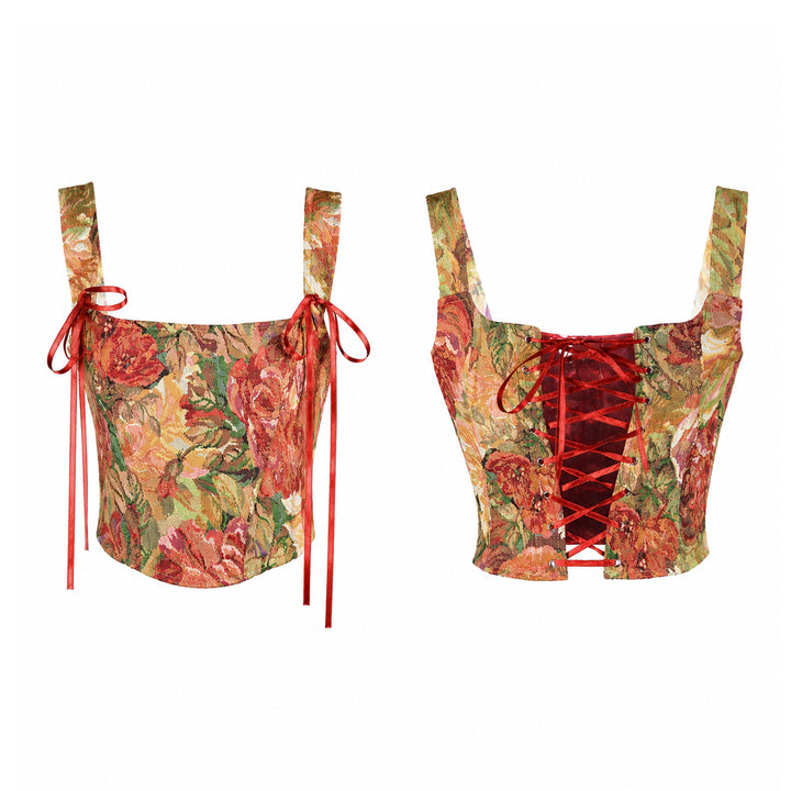 A floral corset top shows its front and back views. It features red ribbons on the front straps and red lacing on the back.