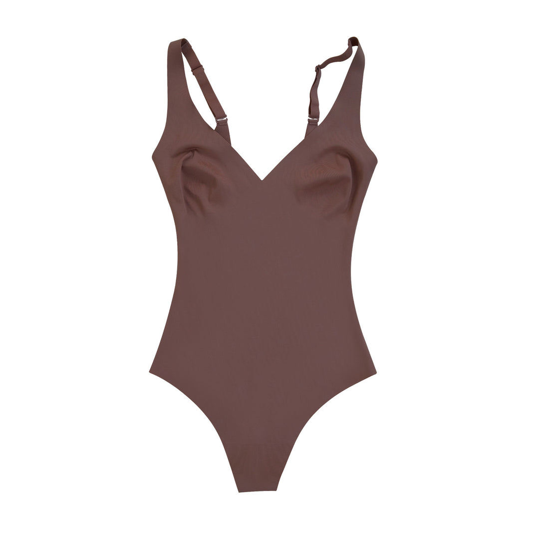 This is a product photo of a brown Callirrhoe bodysuit swimsuit laid flat on a white background. 