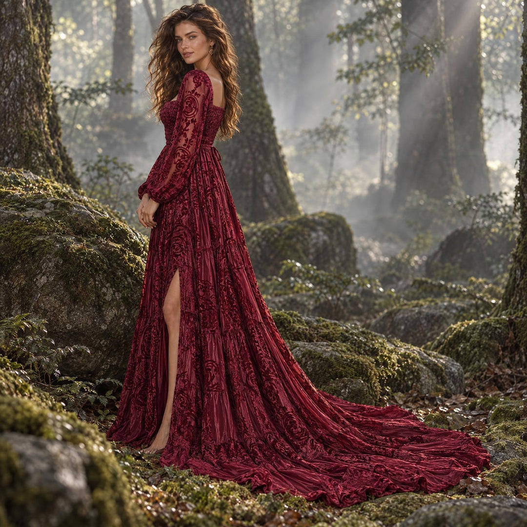 A woman in a Calypso red-wine long-sleeve slit dress stands sideways among mossy rocks in a forest, her train spread on the ground.