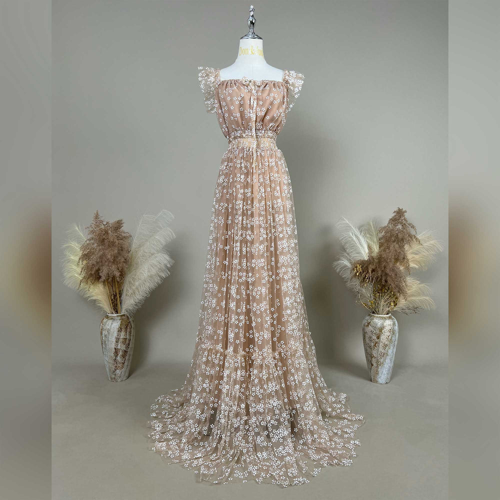 clete khaki floral embroidered short sleeve maternity photography dress displayed on a mannequin.