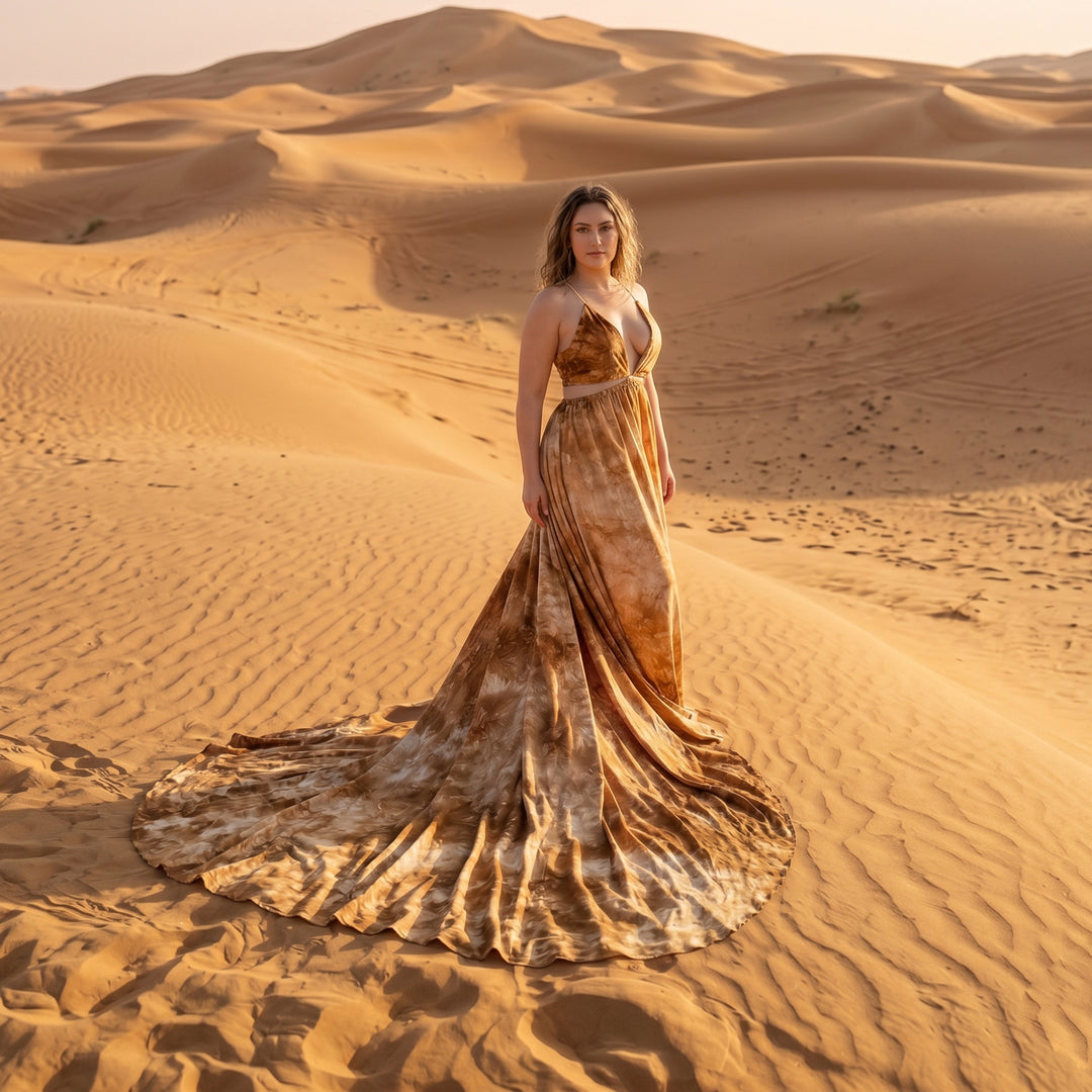 A woman stands in the desert wearing a Demeter tie dye printed spaghetti strape two-piece gown with a train. 