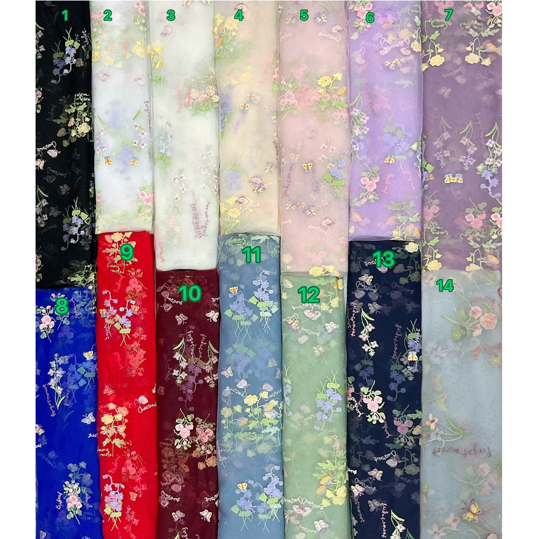 14 color samples of floral embroidered fabric.This is a Dike dress color options reference image rather than a single product photo, so subject type is Color Swatch.