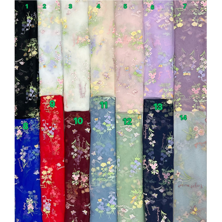 14 color samples of floral embroidered fabric.This is a Dike dress color options reference image rather than a single product photo, so subject type is Color Swatch.