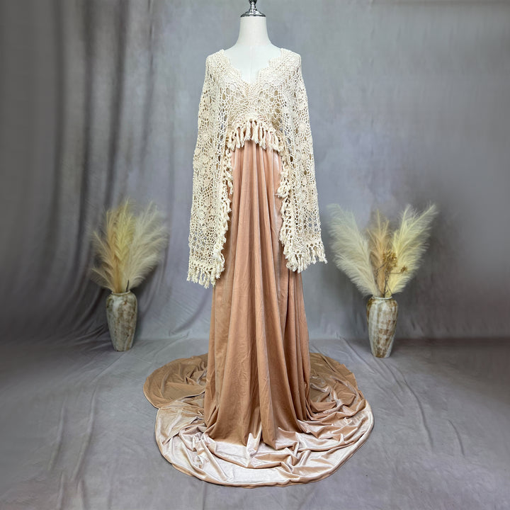 A mannequin wears Edwina KO-3 slip dress and a beige crochet cardigan. 