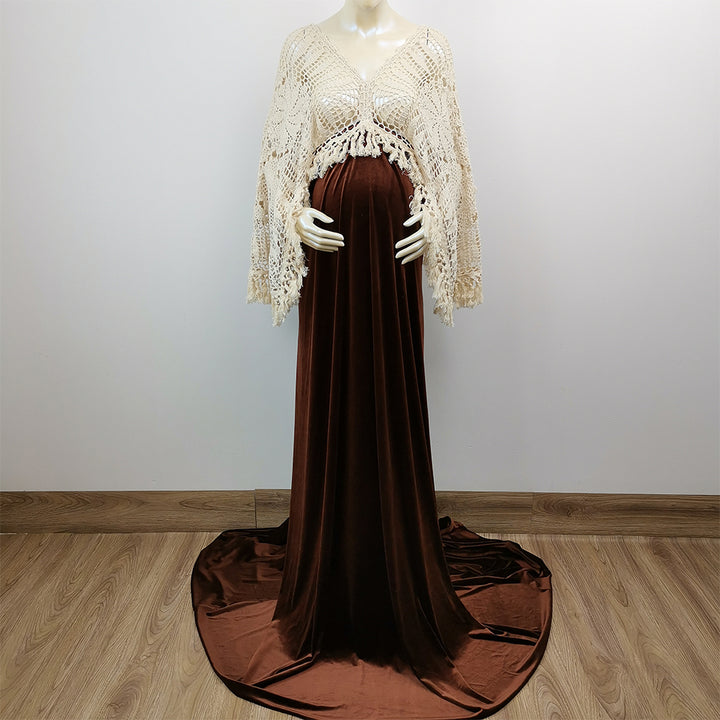 A mannequin wears Edwina KO-15 slip dress and a beige crochet cardigan. 