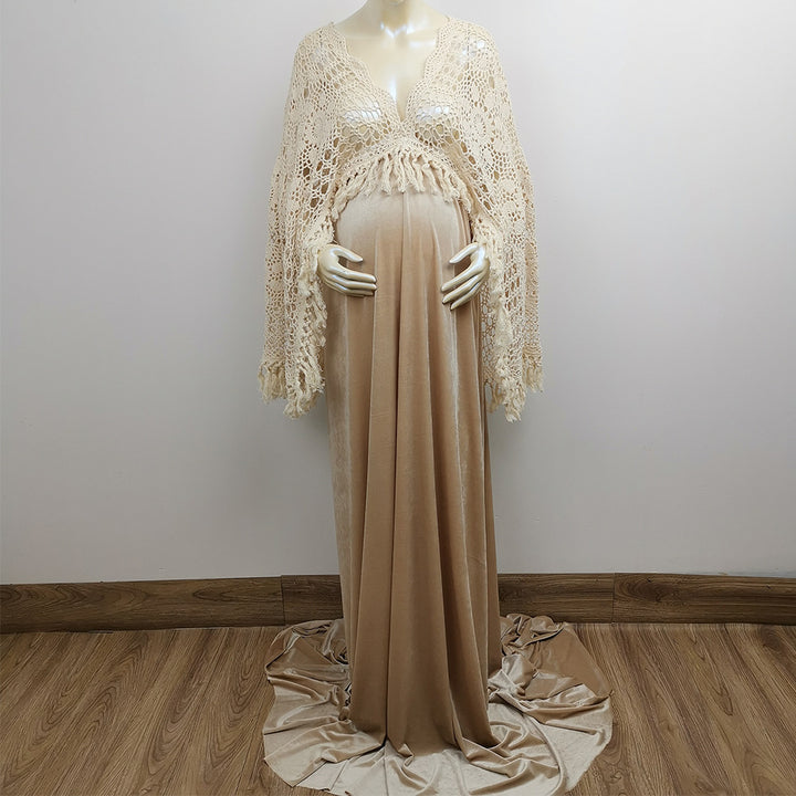 A mannequin wears Edwina KO-2 slip dress and a beige crochet cardigan. 