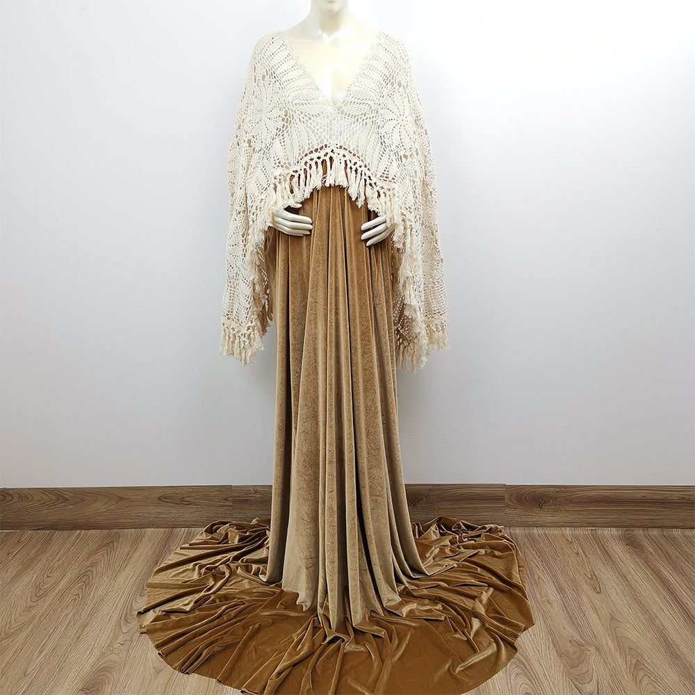 A mannequin wears Edwina KO-9 slip dress and a beige crochet cardigan. 