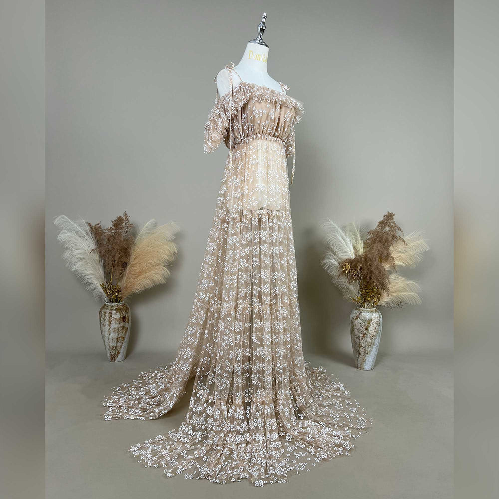 A khaki,Ersa floral embroidered off-shoulder tulle gown displayed on a mannequin against a neutral gray background.