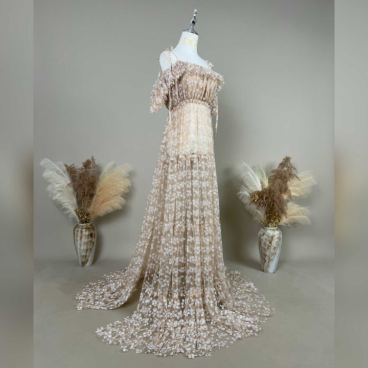 A khaki,Ersa floral embroidered off-shoulder tulle gown displayed on a mannequin against a neutral gray background.