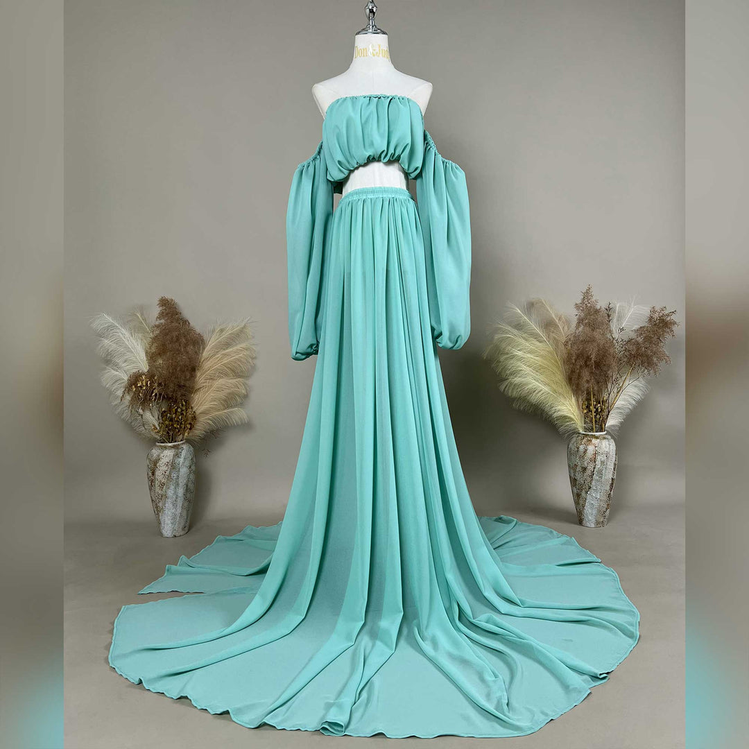 Gaia mint flowy chiffon 2 piece maternity photography dress displayed on a mannequin.