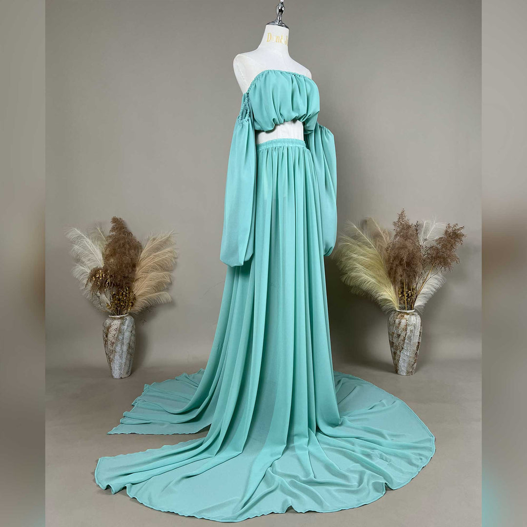 Gaia mint flowy chiffon 2 piece maternity photography dress displayed on a mannequin.