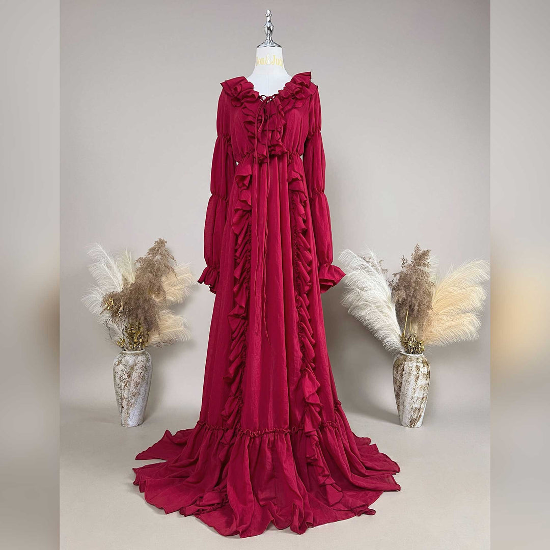 Kallectoria red long-sleeved tiered ruffle maternity photography dress displayed on a mannequin.