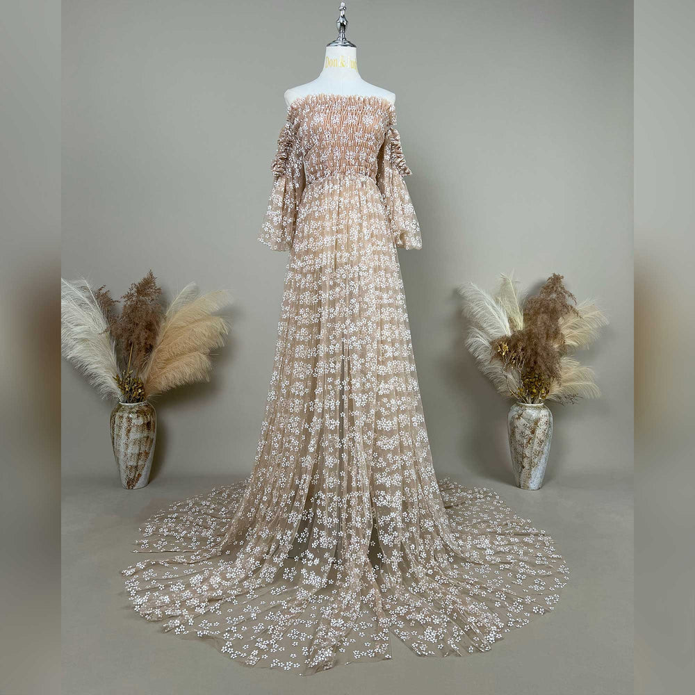 A lysianassa khaki floral embroidered off shoulder tulle maternity photography dress displayed on a mannequin.