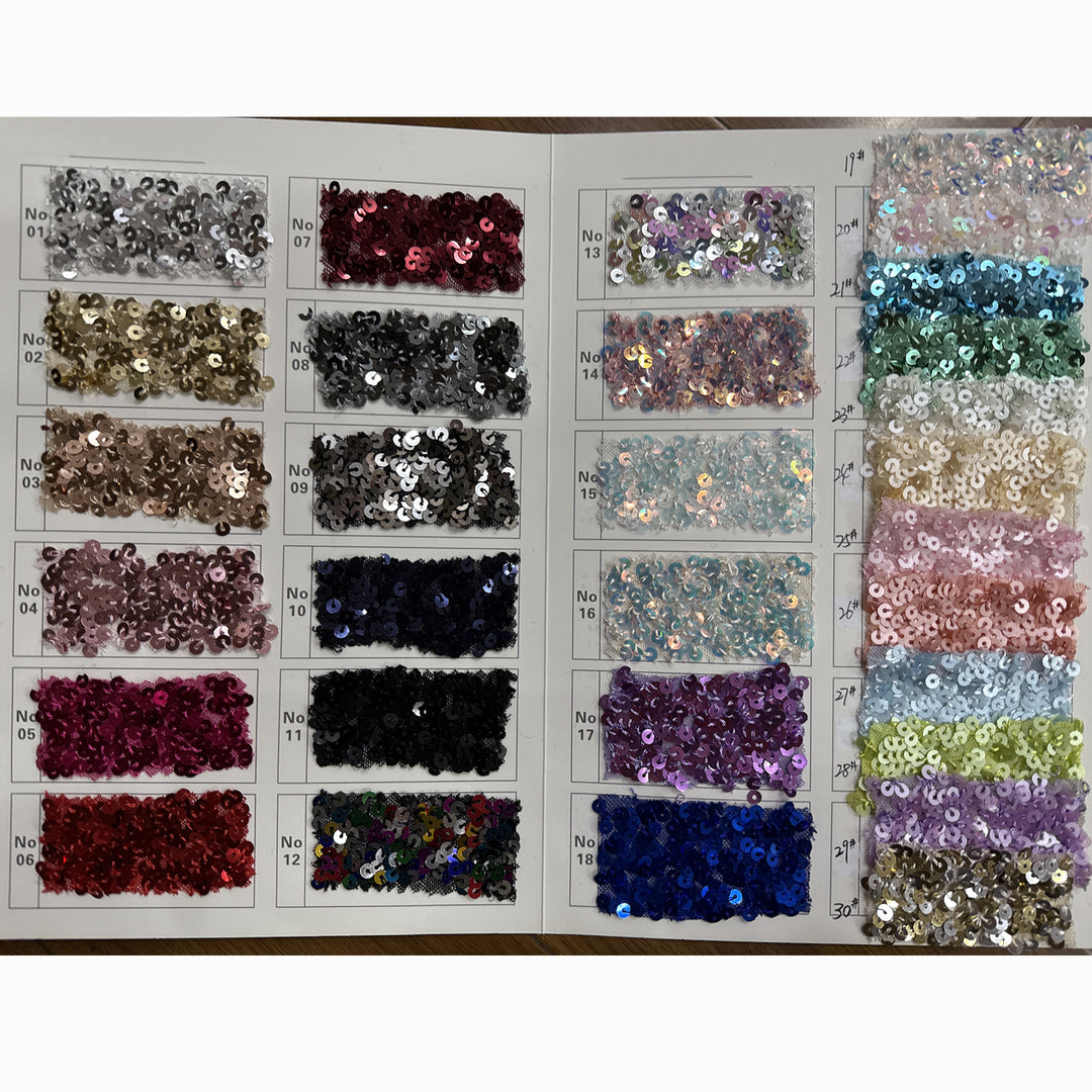 A sequin fabric swatch card is displayed on a white measurement chart. This is a Mara dress color-options reference image rather than a single product photo, so subject type is Color Swatch.