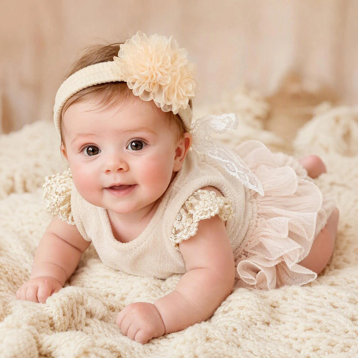 A newborn wears a skin knit headband adorned with a large organza flower on one side. 