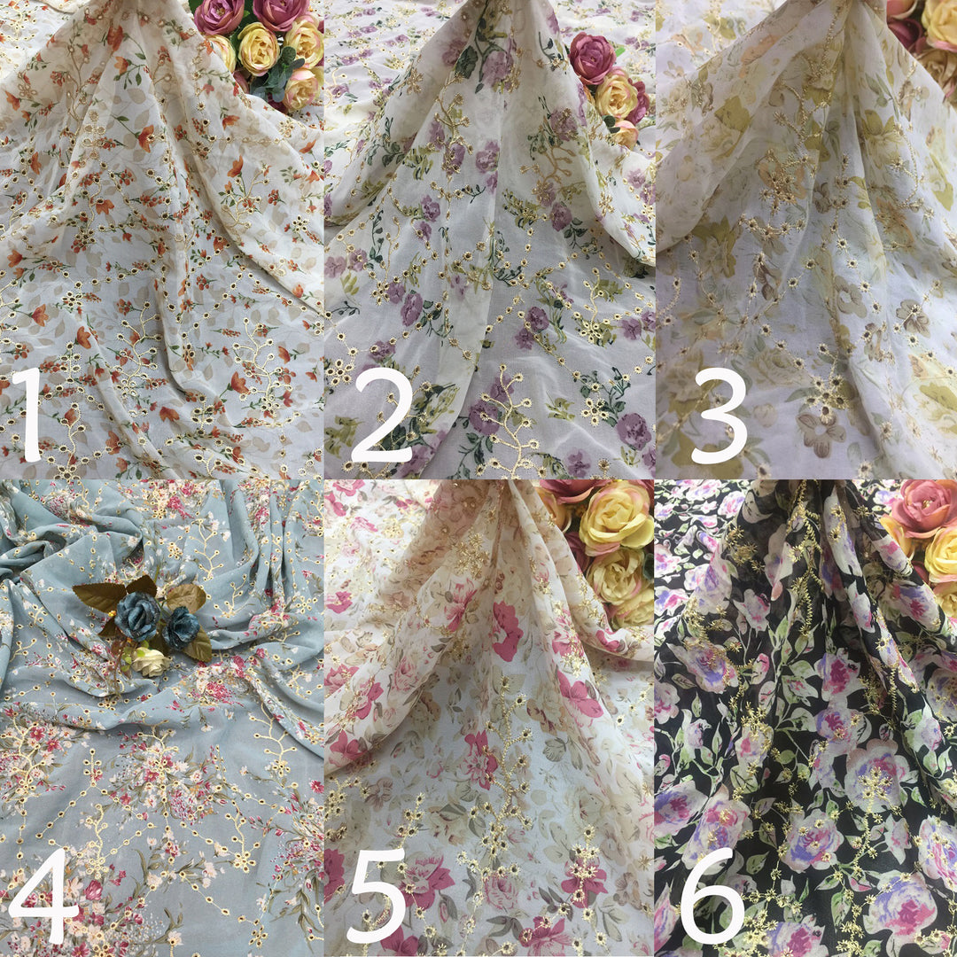 This is a collage displaying six different color and floral pattern combinations of chiffon printed embroidered fabric. Each swatch features golden thread embroidery of small floral branches on a sheer, lightweight chiffon base, printed with various floral motifs,This is a Urania dress color-options reference image rather than a single product photo, so subject type is Color Swatch.