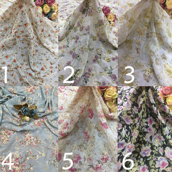 This is a collage displaying six different color and floral pattern combinations of chiffon printed embroidered fabric. Each swatch features golden thread embroidery of small floral branches on a sheer, lightweight chiffon base, printed with various floral motifs,This is a Urania dress color-options reference image rather than a single product photo, so subject type is Color Swatch.