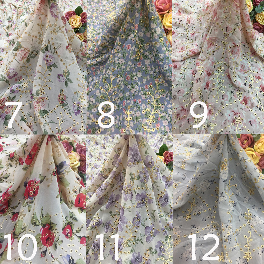 This is a collage displaying six different color and floral pattern combinations of chiffon printed embroidered fabric. Each swatch features golden thread embroidery of small floral branches on a sheer, lightweight chiffon base, printed with various floral motifs,This is a Urania dress color-options reference image rather than a single product photo, so subject type is Color Swatch.