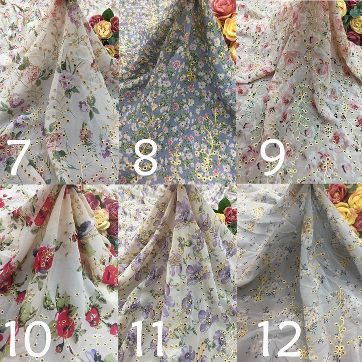 This is a collage displaying six different color and floral pattern combinations of chiffon printed embroidered fabric. Each swatch features golden thread embroidery of small floral branches on a sheer, lightweight chiffon base, printed with various floral motifs,This is a Urania dress color-options reference image rather than a single product photo, so subject type is Color Swatch.