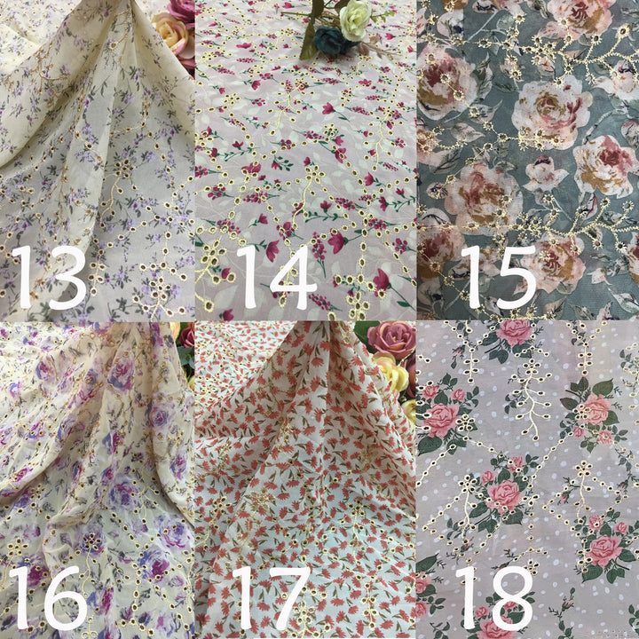 This is a collage displaying six different color and floral pattern combinations of chiffon printed embroidered fabric. Each swatch features golden thread embroidery of small floral branches on a sheer, lightweight chiffon base, printed with various floral motifs,This is a Urania dress color-options reference image rather than a single product photo, so subject type is Color Swatch.