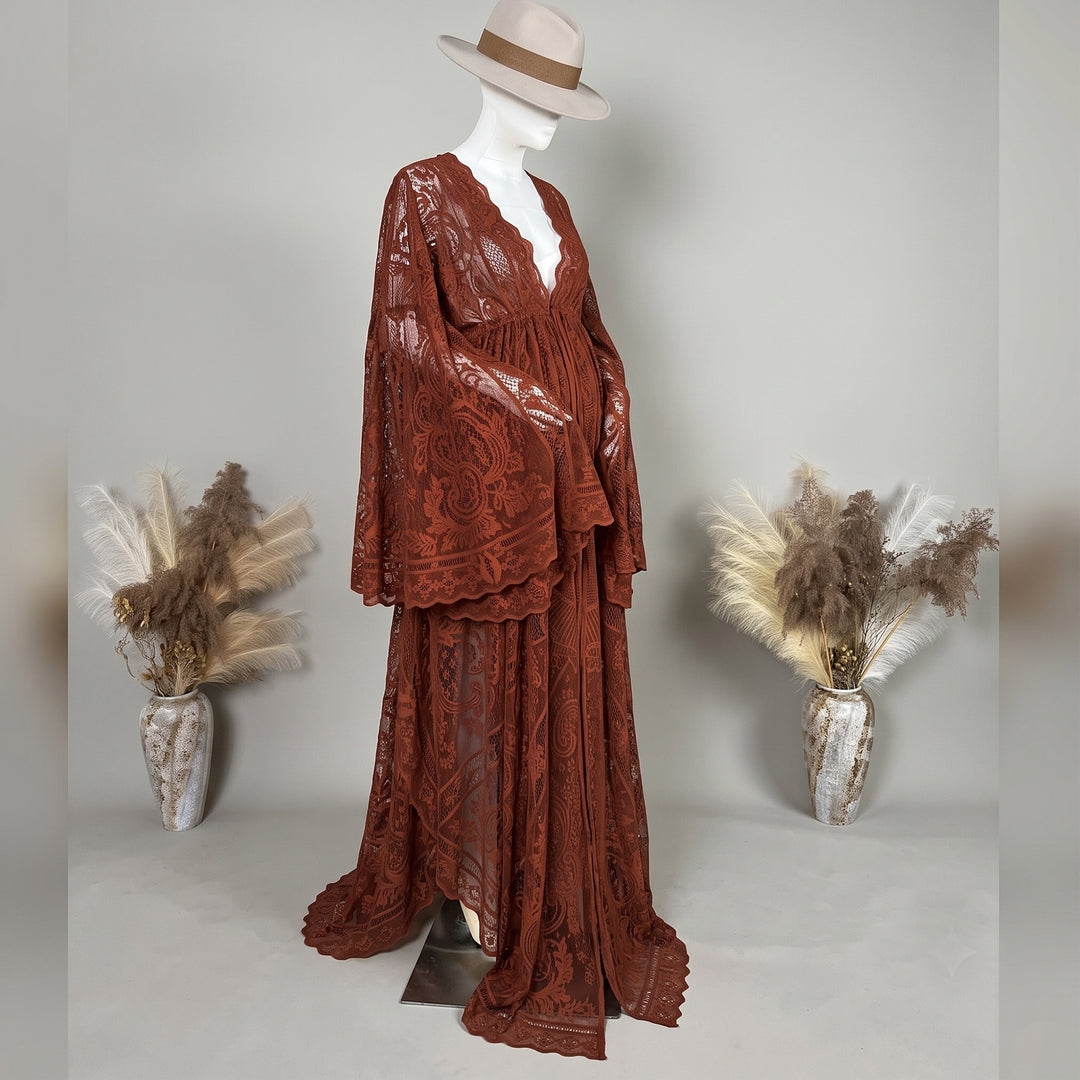 A terracotta lace ,Zephyra dress with long bell sleeves and a V-neckline, displayed on a mannequin.